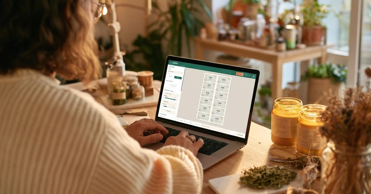 Hands at a laptop designing a product label, with candle jars and dried herbs on the desk in a warm home studio setting